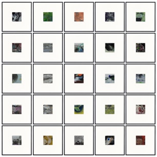 25 Arbeiten aus der Serie Iceland Glow, 9,5 x 9,5 cm in 30 x 30 cm Rahmen, Acryl auf Papier, 2016 - 2019