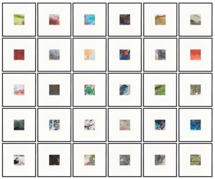 30 Arbeiten aus der Serie Iceland Glow, 9,5 x 9,5 cm in 30 x 30 cm Rahmen, Acryl auf Papier, 2016 - 2019
