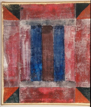 Ein Bild aus der Seie "Gedanken zum Ornament", 42 x 42 cm, &Ouml;l auf Leinwand, rot. blau schwarz, silber bilden ornamentale Muster